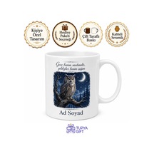 Gece Kuşu Baykuş Ay Işığı Yıldızlar Gece Kahvesi Baskılı Porselen Kupa Bardak Hediye Tupya12714 Beyaz / Çok Renkli