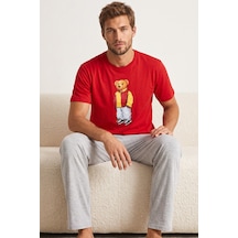 Siyah İnci Baskılı Pamuklu Örme Kısa Kollu Pijama Takım 8075 Kırmızı