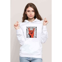 Rock'N Roll El Işareti Baskılı Beyaz Kadın Kapşonlu Sweatshirt