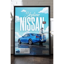 Skyline Nissan Siyah Ahşap Çerçeveli Poster, Dekoratif Araba Duvar Tablosu