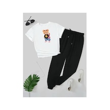 Medinenur Süslü Peluş Ayıcık Baskılı T-shirt Eşofman Altı Jogger Rahat Kalıp Siyah Eşofman Takım Beyaz