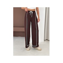 Gugus Kadın Beyaz Şerili Modal Pileli Eşofman Altı Wide Leg Kahverengi