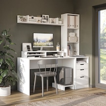 Mode Kitaplıklı Ve Raflı Çalışma Masası , Çalışma Ofis Masası , Bilgisayar Masası, Çekmeceli Çalışma Masası Mat Beyaz