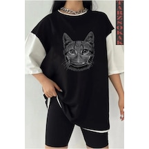 Siyah Oversize Çift Renk Cat Baskılı Unisex Tshirt Beyaz