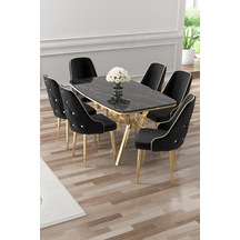 Canisa Asel Serisi 90x160 Lak Panel Siyah Mermer Desen Gold Detay Masa Takımı Ve 6 Siyah Sandalye Masa Siyah Mermer Sandalye Siyah Gold Detay