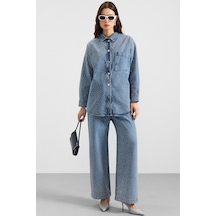 Olcay Taş Bezeli Ceket Pantolon Denim İkili Takım Açık Mavi 9387-tk