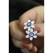 925 Ayar Gümüş Rodyum Kaplama Nazar Sedef Taşlı Kadın Küpe Gümüş