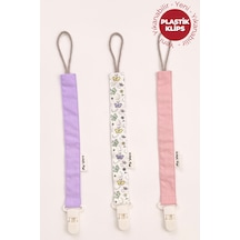 Lila - Kelebek - Pudra - Plastik Klipsli Emzik Askısı Seti - 3'lü Emzik Zinciri Seti