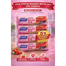 Polmix Çilek Kokulu Büzgülü Büyük Boy Çöp Torbası 65x70 Cm 10'lu 5 Paket Dayanıklı Sızdırmaz Çöp Poşeti