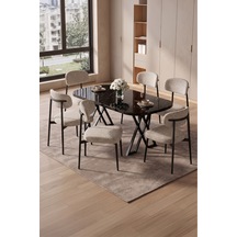 Robii 90x168 Siyah Mermer Mdf Masa, Metal X Ayak, Metal Polo Sandalye, 6 Kişilik Mutfak Masası Takımı Ve Yemek Masası Takımı Krem