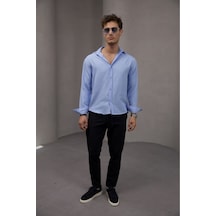 Bürke Yazlık Keten Dokulu Mavi Renk Yarım Oversize Gömlek