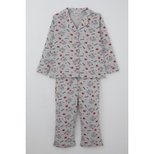 Breeze Kız Çocuk Pijama Takımı Kraliçe Kedicik & Çilek Desenli 7-11 Yaş, Açık Gri Melanj