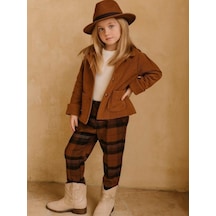 Zekids Kız Çocuk Bel Lastikli Ekose Paça Düğmeli Pantolon-16206 Kahverengi