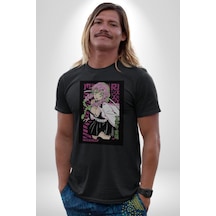 Anime Demon Slayer Kimetsu No Yaiba Mitsuri Kanroji Unisex Unisex Siyah Organik Baskılı T-shirt Penye Yüksek Kalite Siyah