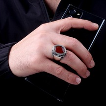 Kırmızı Akik Taşlı Oval Model 925 Ayar Gümüş Erkek Yüzük