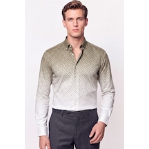 Slim Fit Düğme Yaka Desenli Haki Gömlek G 1611