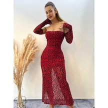 Pink Life Kırmızı Tül Üzeri Flog Baskılı Leopar Desenli Koll Kırmızı