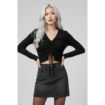 Siyah Uzun Kollu Kaşkorse Crop Bluz Büzgülü V Yaka Çok Renkli