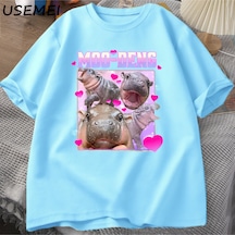 Flood Of Style Komik Moo-deng Bebek Pygmy Hippo Sevimli Hayvanat Bahçesi T Shirt Adam Kadın Nedensel Pamuk K Mavi