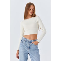 Mixray 6727 Kadın Bisiklet Yaka Crop Triko Kazak Naturel Naturel