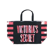 Victoria's Secret Vs Pembe Pullu Payet İşlemeli Kadın Büyük Boy Çıt Çıt Kapamalı Plaj Çantası Pembe - Siyah