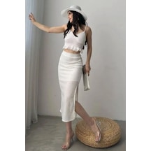 Tane Tasarım Askılı Fırfırlı Crop Bluz Fileli Etek Yazlık Triko Alt Üst Takım Beyaz Beyaz