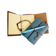 Özel Ahşap Kutulu Mavi Deri Defter Ve Kalem Set