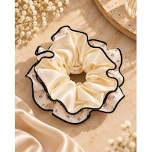Ekru 4 Katmanlı Çiçek Desenli Fırfır Scrunchie Saç Tokası