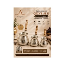 3 Lü Gümüş Renk Üzüm Desenli Bakır Cezve Seti 2-4-6 Kişilik 1,2 Mm El İşçiliği Ahşap Saplı - Bakır Bileklik Hediyedir