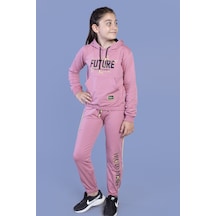 Toontoy Kız Çocuk Baskılı Kanguru Cepli Eşofman Takımı Gül Kurusu