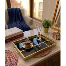 Siyah Ve Gold Detaylı Cam Yüzeyli Kulplu Sunum Tepsisi