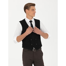 Cacharel Siyah Slim Fit Yün Karışımlı Çizgili Klasik Yelek
