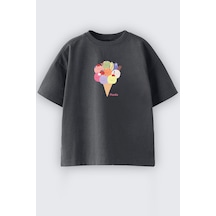 Monila Kız Çocuk Dondurma Baskılı Pamuklu T-shirt Antrasit