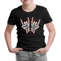Skeleton Hands Making Rock Sign Siyah Çocuk Tshirt 001