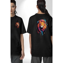 Renkli Yağlı Boya Aslan Siyah Oversize Unisex Ön Ve Sırt Baskılı Tişört Siyah
