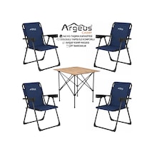 4 Adet Katlanır Kamp Sandalyesi Ve Ahşap Masa Seti - Rock Plus - Linen Lacivert Çok Renkli