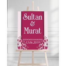 Söz Nişan Düğün İçin 50x70 Karşılama Panosu - Pembe Çiçek Tasarımlı 1 Beyaz