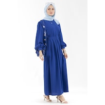 Balon Kol Yanı Büzgülü Elbise-mavi-2819-mavi