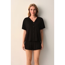 Suwen Mira Modal Gömlek Yaka Şort Pijama Takımı Sh26635667b012 Siyah