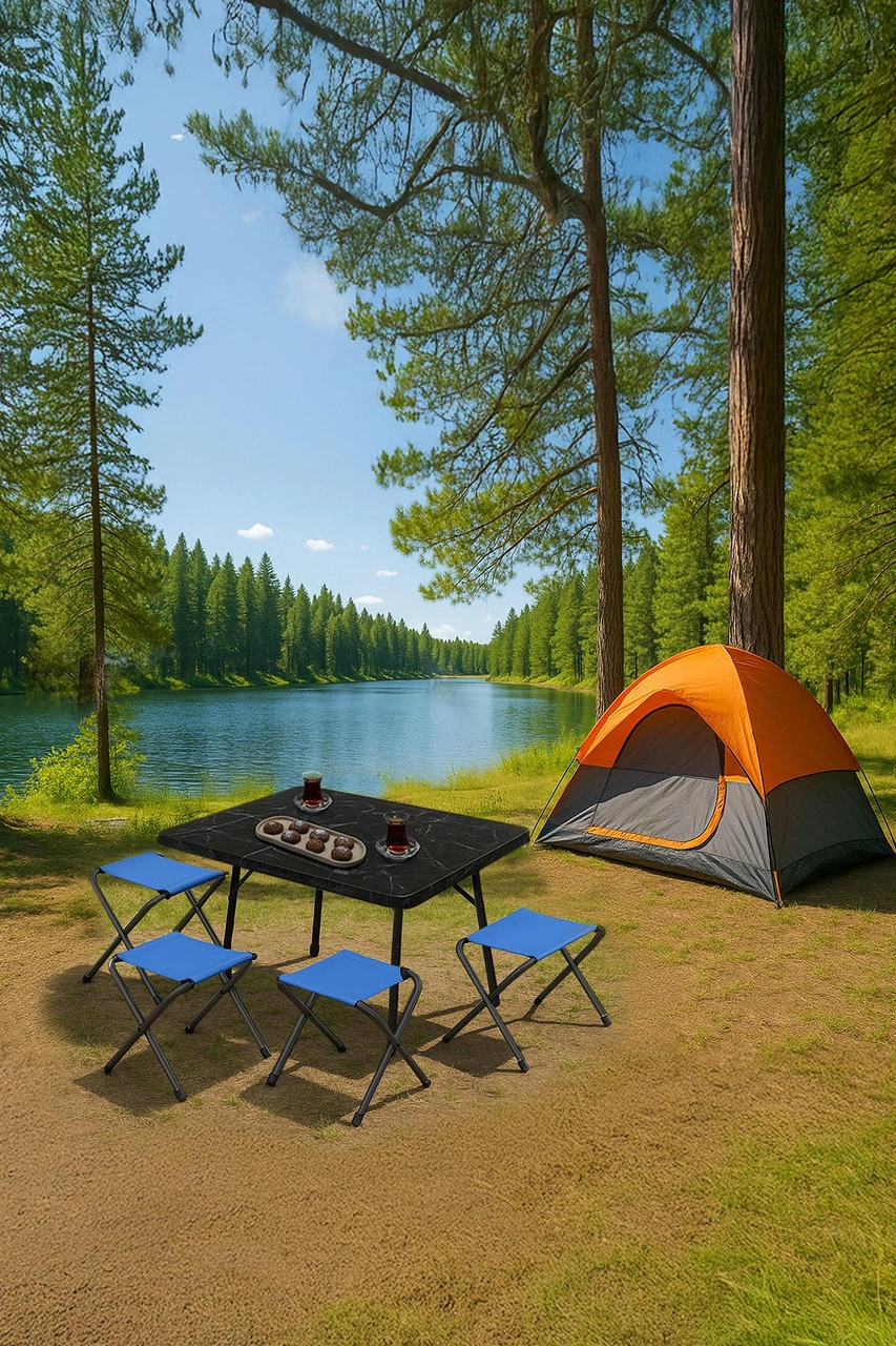Exent 45x60 Cm Kamp Sehpası + 4 Adet Mavi Tabure Piknik, Bahçe Balkon Sehpası Katlanır Sehpa-me-4m Çok Renkli