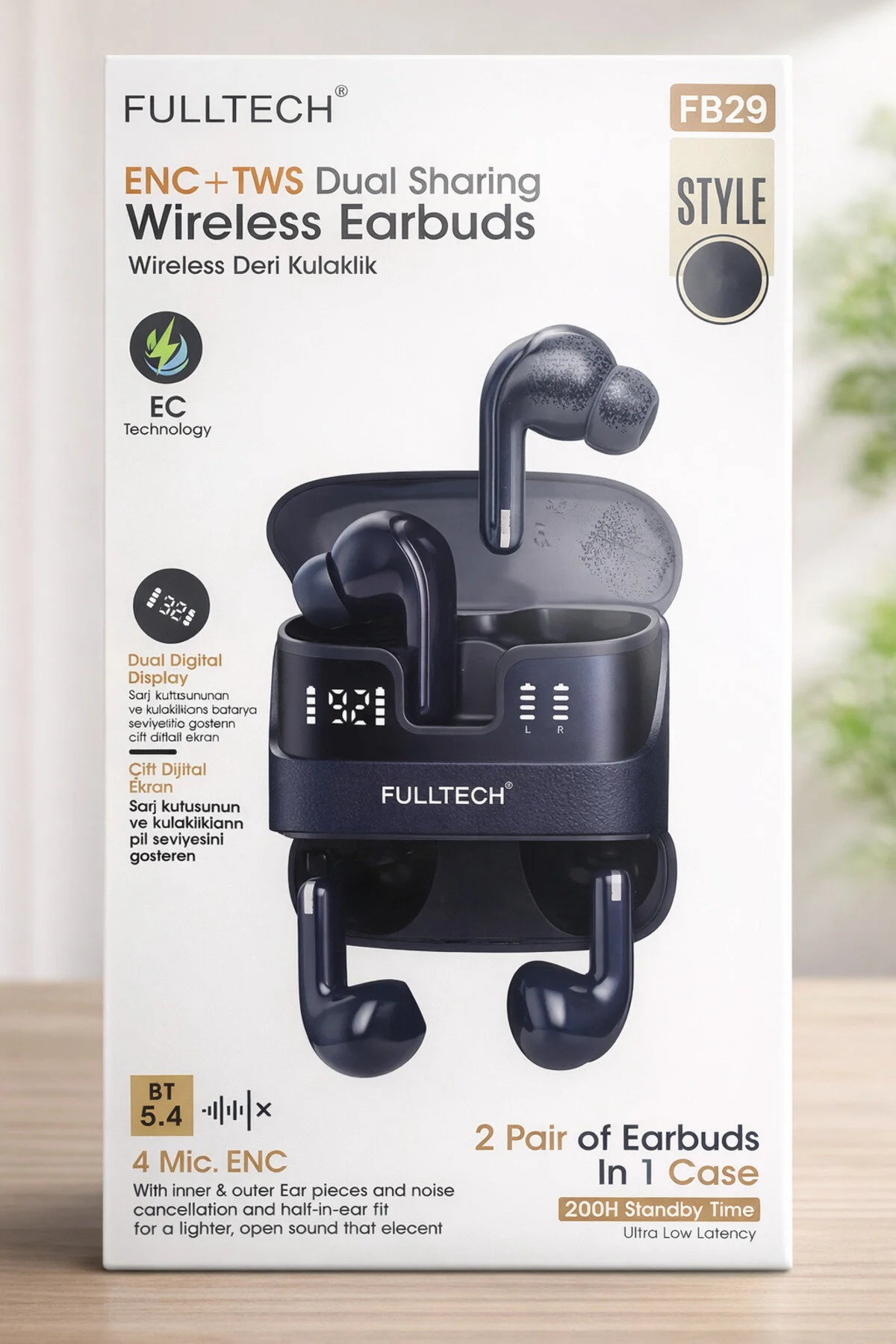 Fulltech Enc + Tws Dual Sharing Kablosuz Kulaklık Bluetooth 5.4, Çift Ekran, Usb-c Şarj