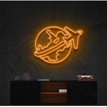 Dünya Ve Uçak Figürlü Neon Tabela Turuncu