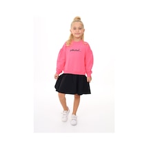 Toontoy Kız Çocuk Baskılı Relax Fit Bisiklet Yaka Uzun Kollu Elbise - Renk Bloklu - Tk24346 Fuşya
