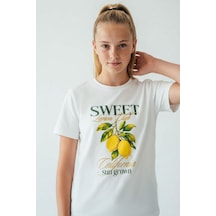 Breeze Kız Çocuk Kısa Kollu Tişört Limon Baskılı 9-14 Yaş , Ekru