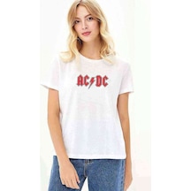 Acdc Logo Baskılı Beyaz Kadın Tshirt