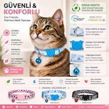Desenli Kedi Boyun Tasması Geri Dönüştürülmüş İplik, Güvenli Kilit Sistemli, Konforlu Kullanım, Mavi Bulut