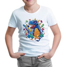 Dinosaur With Puzzle Pieces Around Beyaz Çocuk Tshirt 001