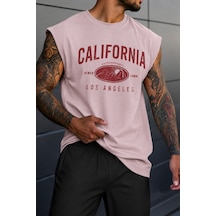 Cool Tarz Erkek Oversize Kolsuz Tişört %100 Pamuk California Baskılı Bisiklet Yaka Atlet Pembe Pembe