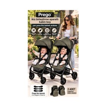 Prego İkiz Apartlı Birleşip Ayrılan Yan Yana İkiz Kabin Boy Bebek Arabası Haki