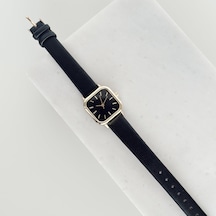 Oval Kare Deri Kordon Gold Saat Siyah Çok Renkli